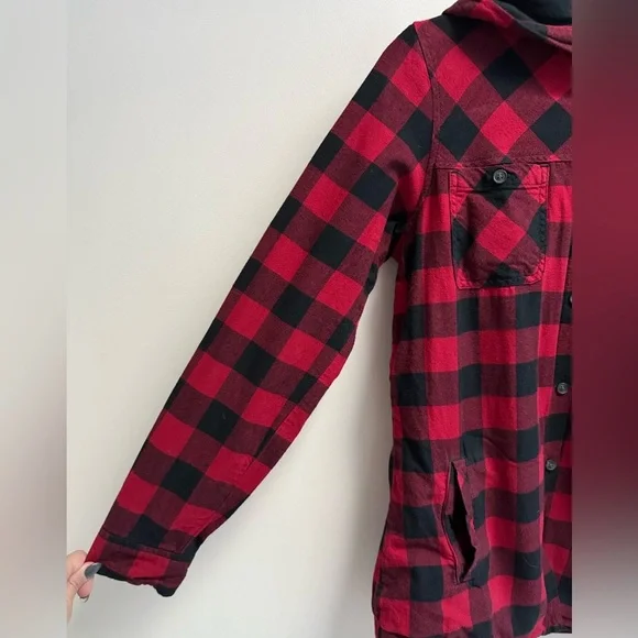 EDDIE BAUER Women’s Red Black Plaid Hooded Button Down Shirt Jacket - Size Small - Picture 5 of 8